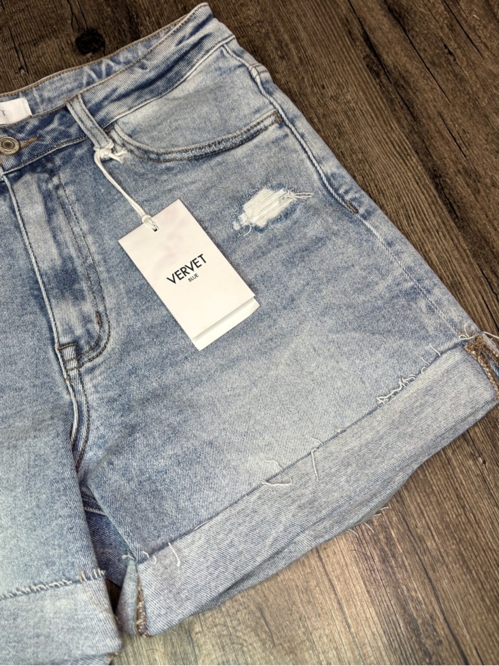 VERVET Blue Rebecca Light Blue Distressed Rolled Hem High Rise Denim Shorts - Picture 5 of 13